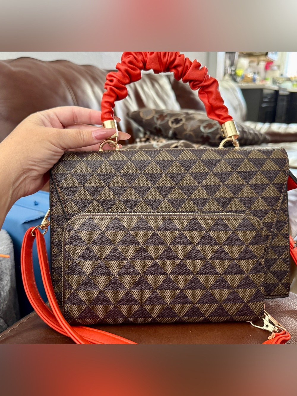 Structured Brown Geometric Satchel with Orange Accents and Matching Wallet